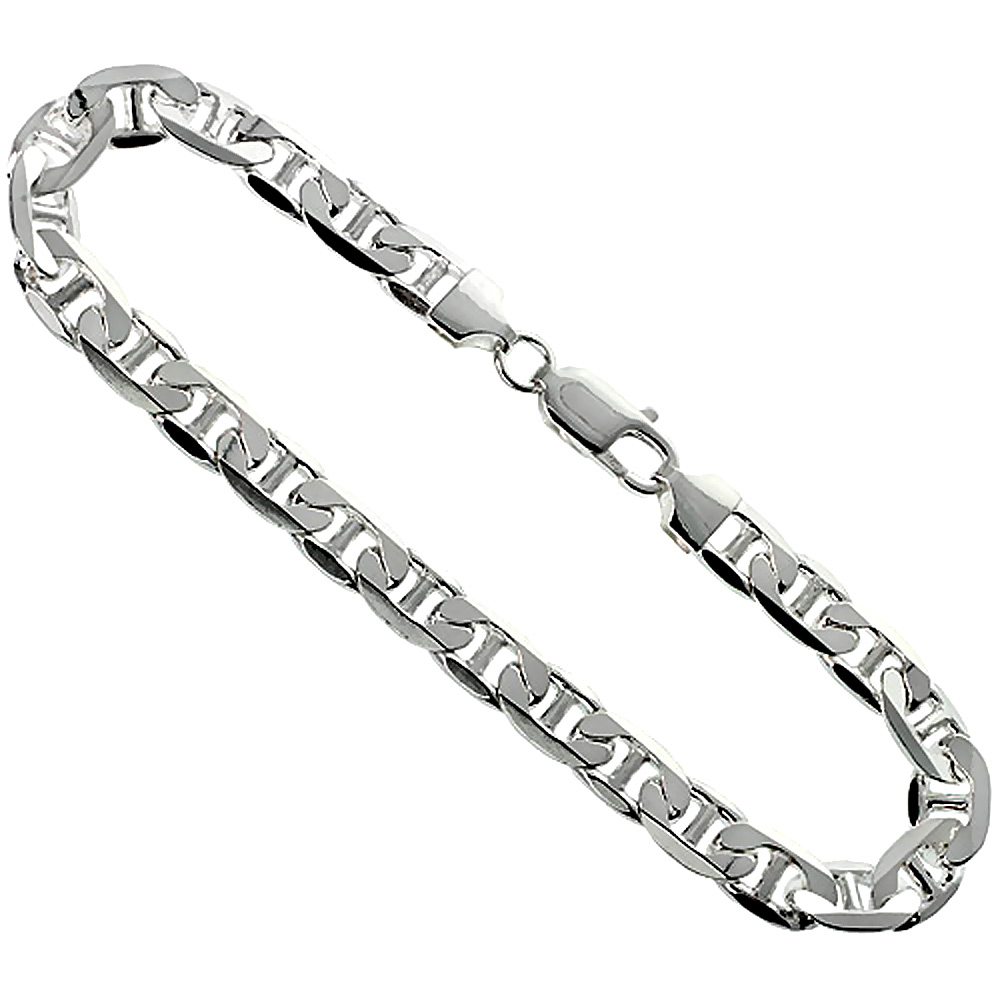 Sterling Silver Flat Mariner Link Chain Necklaces & Bracelets 7.2mm Nickel Free Italy, sizes 7 - 30 inch