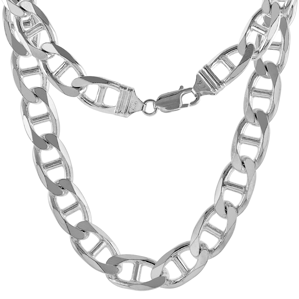 10.5MM STERLING SILVER FLAT MARINER CHAIN NECKLACES & BRACELETS FOR MEN SIZES 8 - 30 INCH