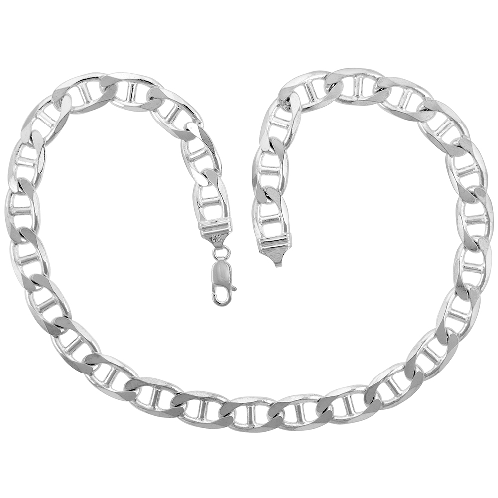 10.5mm Sterling Silver Flat Mariner Chain Necklaces & Bracelets for Men sizes 8 - 30 inch
