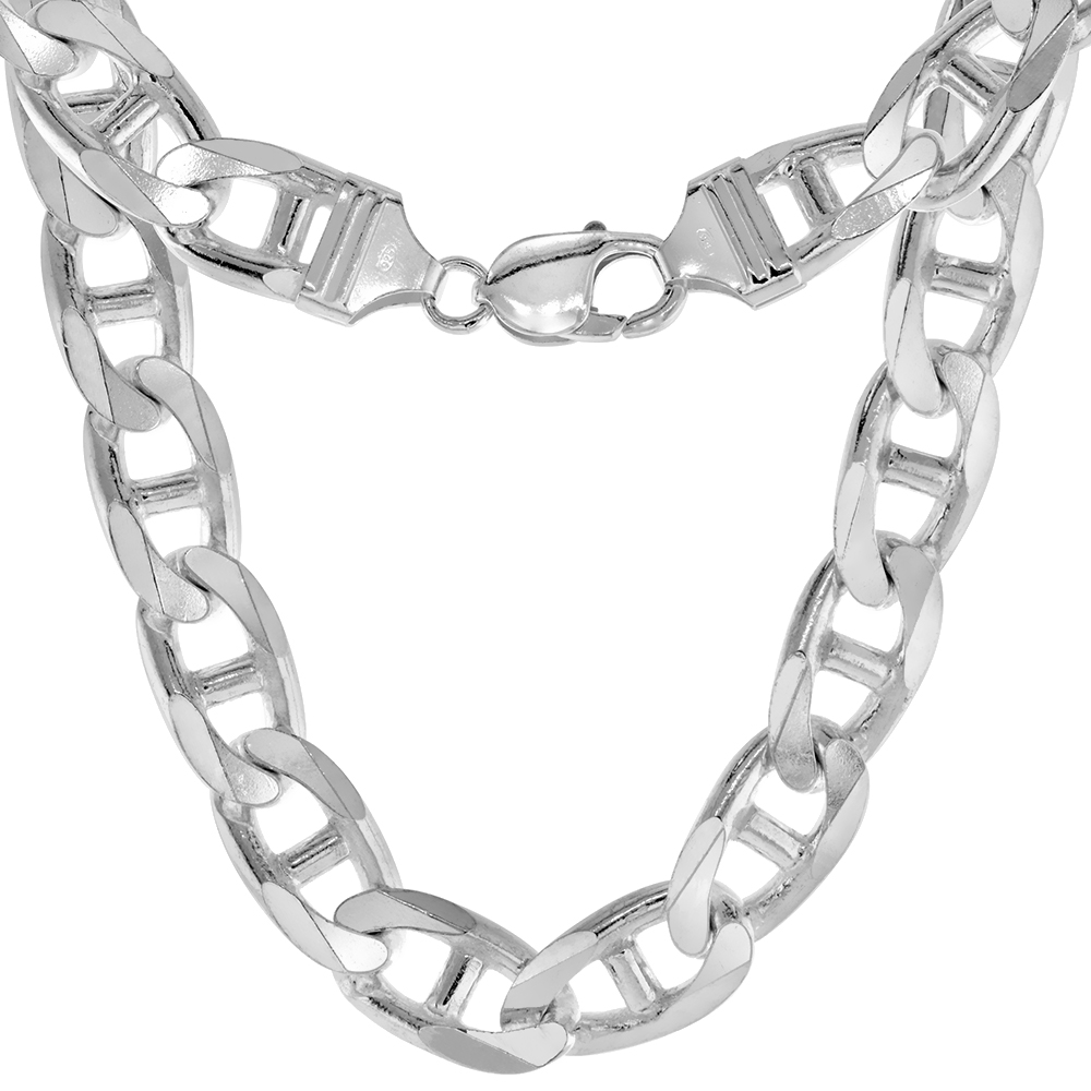 STERLING SILVER FLAT MARINER LINK CHAIN NECKLACES & BRACELETS 13.5MM NICKEL FREE ITALY, SIZES 7 - 30 INCH