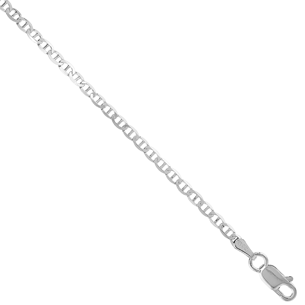 Sterling Silver Flat Mariner Link Chain Necklaces & Bracelets 2.1mm Nickel Free Italy, sizes 7 - 30 inch