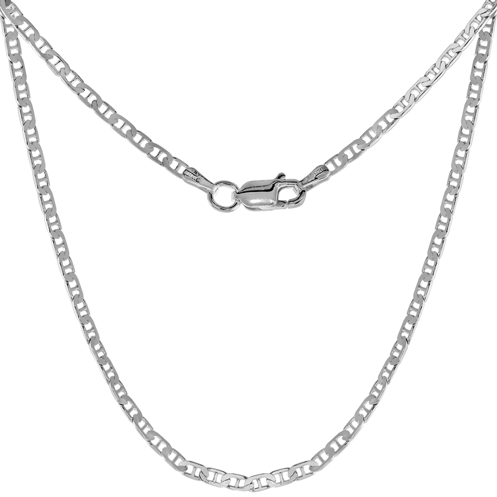 STERLING SILVER FLAT MARINER LINK CHAIN NECKLACES & BRACELETS 2.1MM NICKEL FREE ITALY, SIZES 7 - 30 INCH