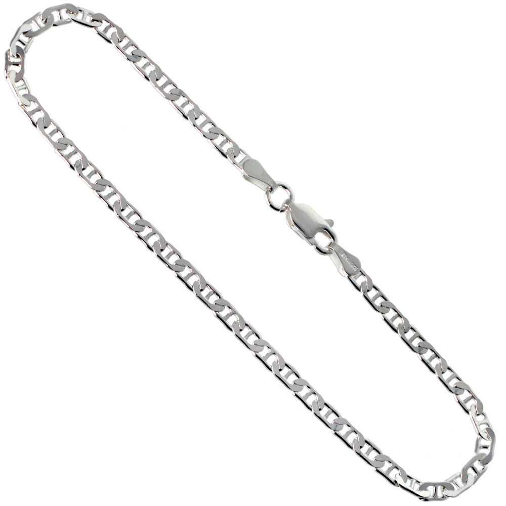 Sterling Silver Flat Mariner Link Chain Necklaces & Bracelets 3mm Nickel Free Italy, sizes 7 - 30 inch