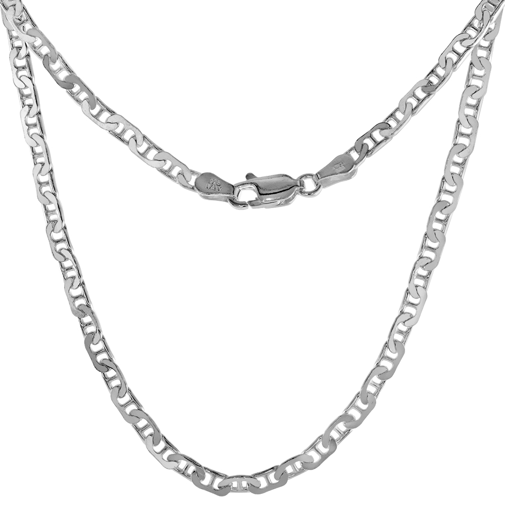 STERLING SILVER FLAT MARINER LINK CHAIN NECKLACES & BRACELETS 3MM NICKEL FREE ITALY, SIZES 7 - 30 INCH