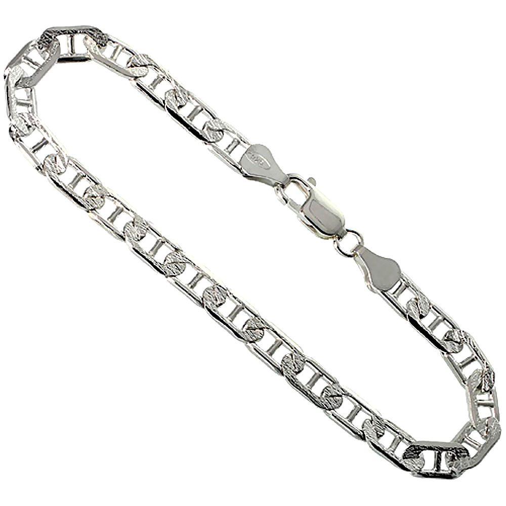 Sterling Silver Flat Mariner Link Chain Necklace 5.8mm Diamond Cut Nickel Free Italy, 7-30 inch