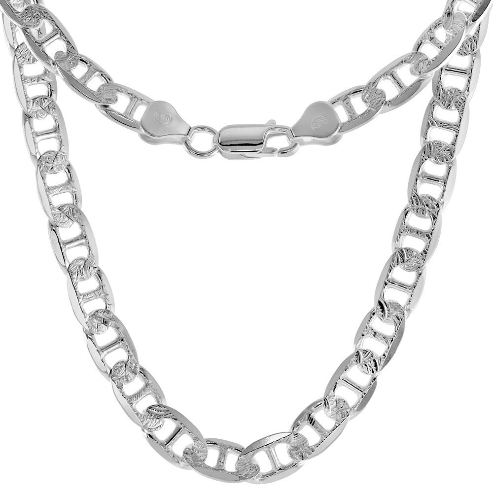 STERLING SILVER FLAT MARINER LINK CHAIN NECKLACE 6.4 MM DIAMOND CUT NICKEL FREE ITALY, 7-30 INCH