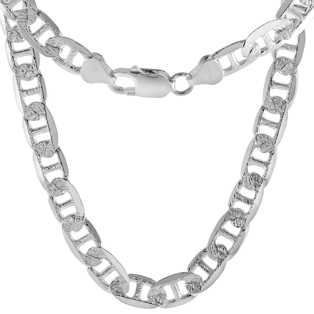 STERLING SILVER FLAT MARINER LINK CHAIN NECKLACE 8MM DIAMOND CUT NICKEL FREE ITALY, 7-30 INCH