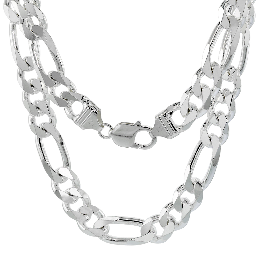 Thick Sterling Silver 11mm Figaro Link Chain Necklaces & Bracelets for Men and Women Beveled Edge Nickel Free Italy 7-30 inch