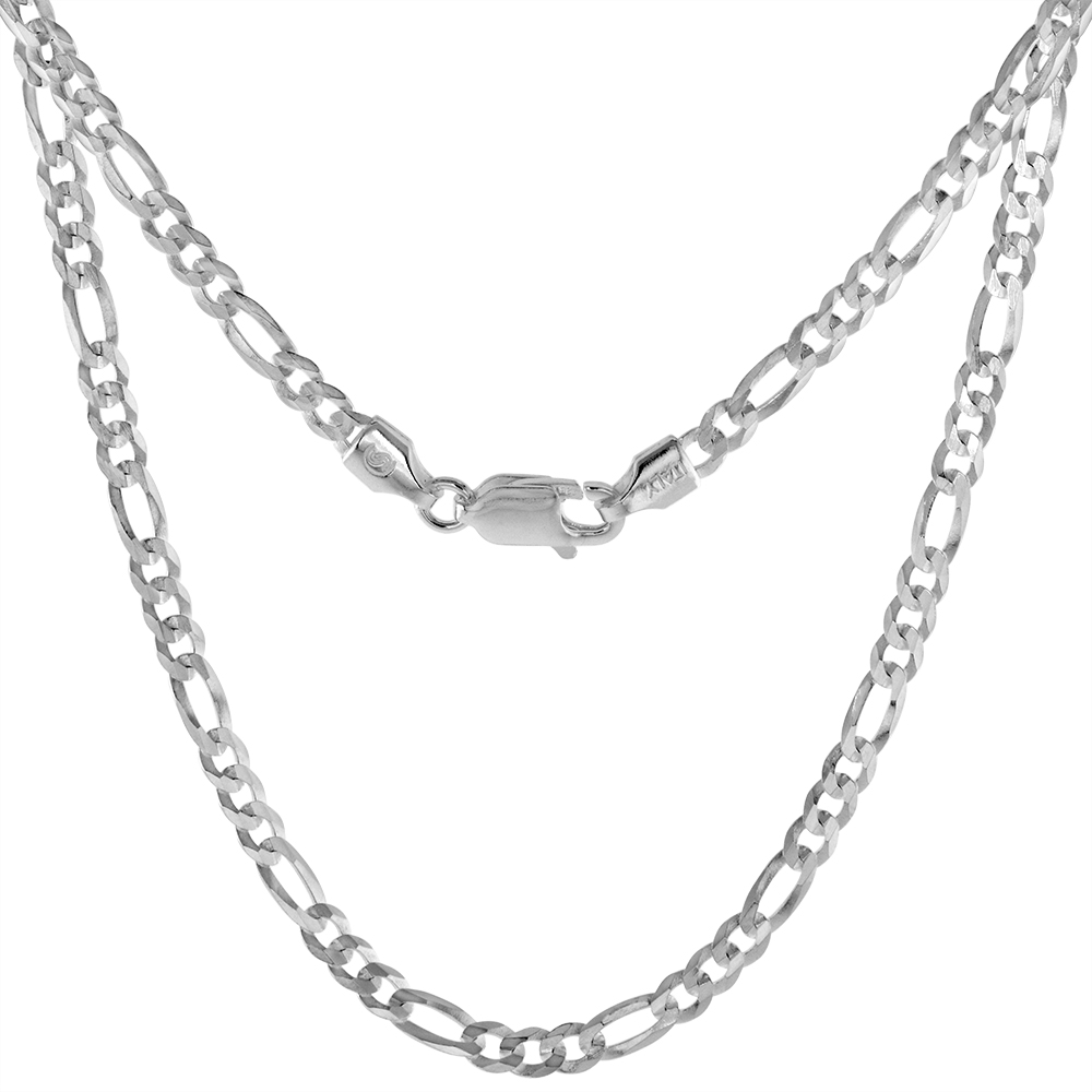 sterling Silver 3mm Flat Figaro Chain Necklace for Men & Women Beveled Edges Lobster Clasp Nickel Free Italy sizes 7-30 inch