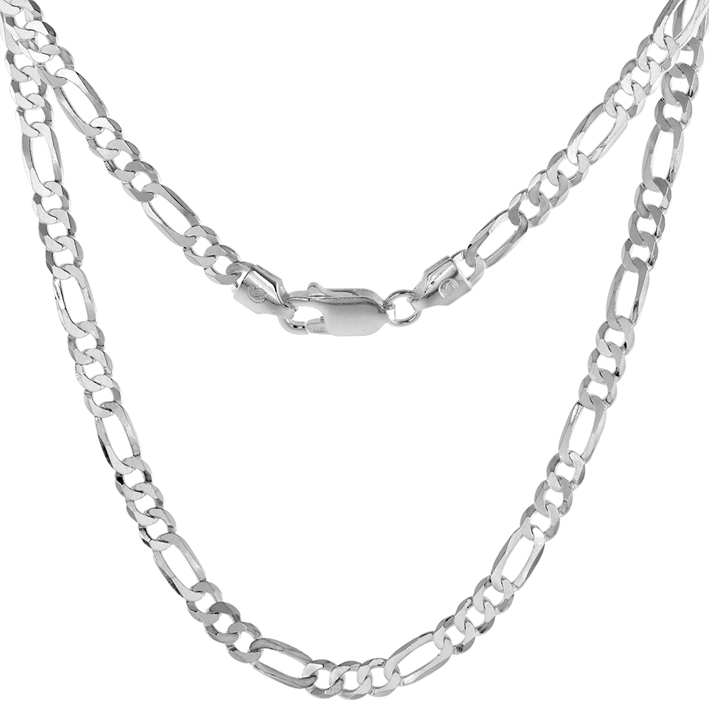 STERLING SILVER 4MM FLAT FIGARO CHAIN NECKLACE FOR MEN & WOMEN BEVELED EDGES LOBSTER CLASP NICKEL FREE ITALY SIZES 7-30 INCH