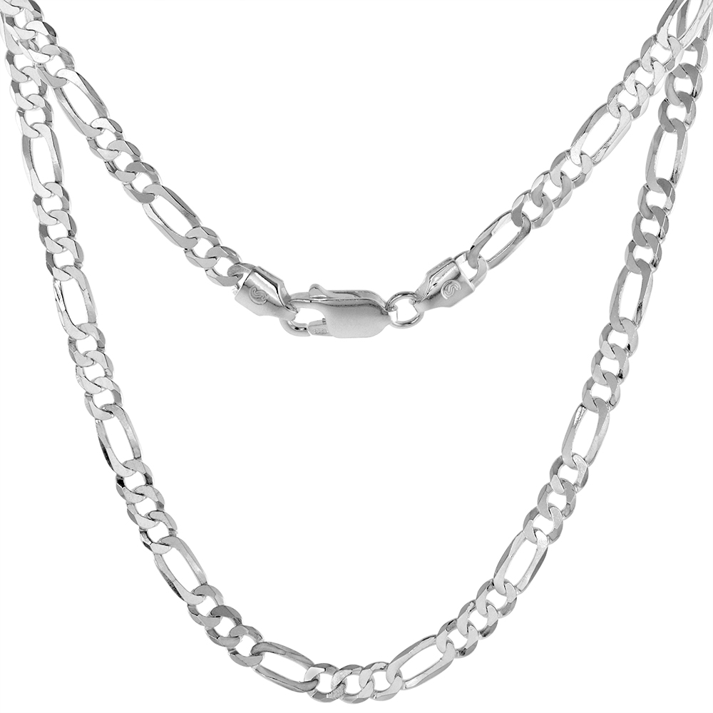 sterling Silver 4mm Flat Figaro Chain Necklace for Men & Women Beveled Edges Lobster Clasp Nickel Free Italy sizes 7-30 inch