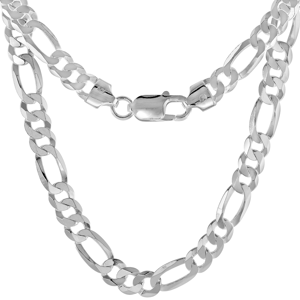 Sterling Silver 7mm Flat Figaro Chain Necklaces and Bracelets for Men and Women Beveled Edges Polished Finish Nickel Free Italy 7-36 inch