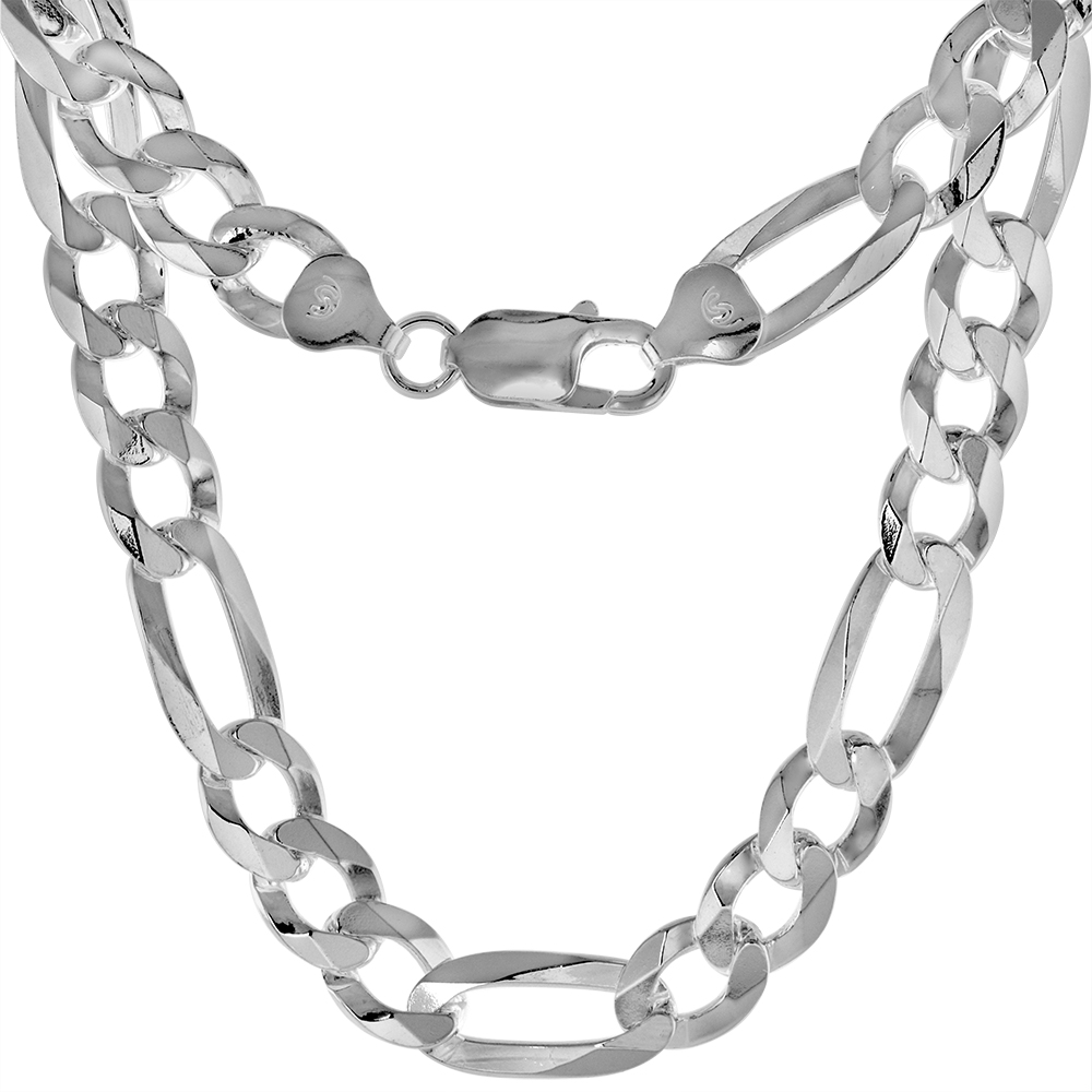 Sterling Silver 8mm Flat Figaro Chain Necklaces &amp; Bracelets for Men and Women Beveled Edges Polished Finish Nickel Free Italy sizes 8-30 inch