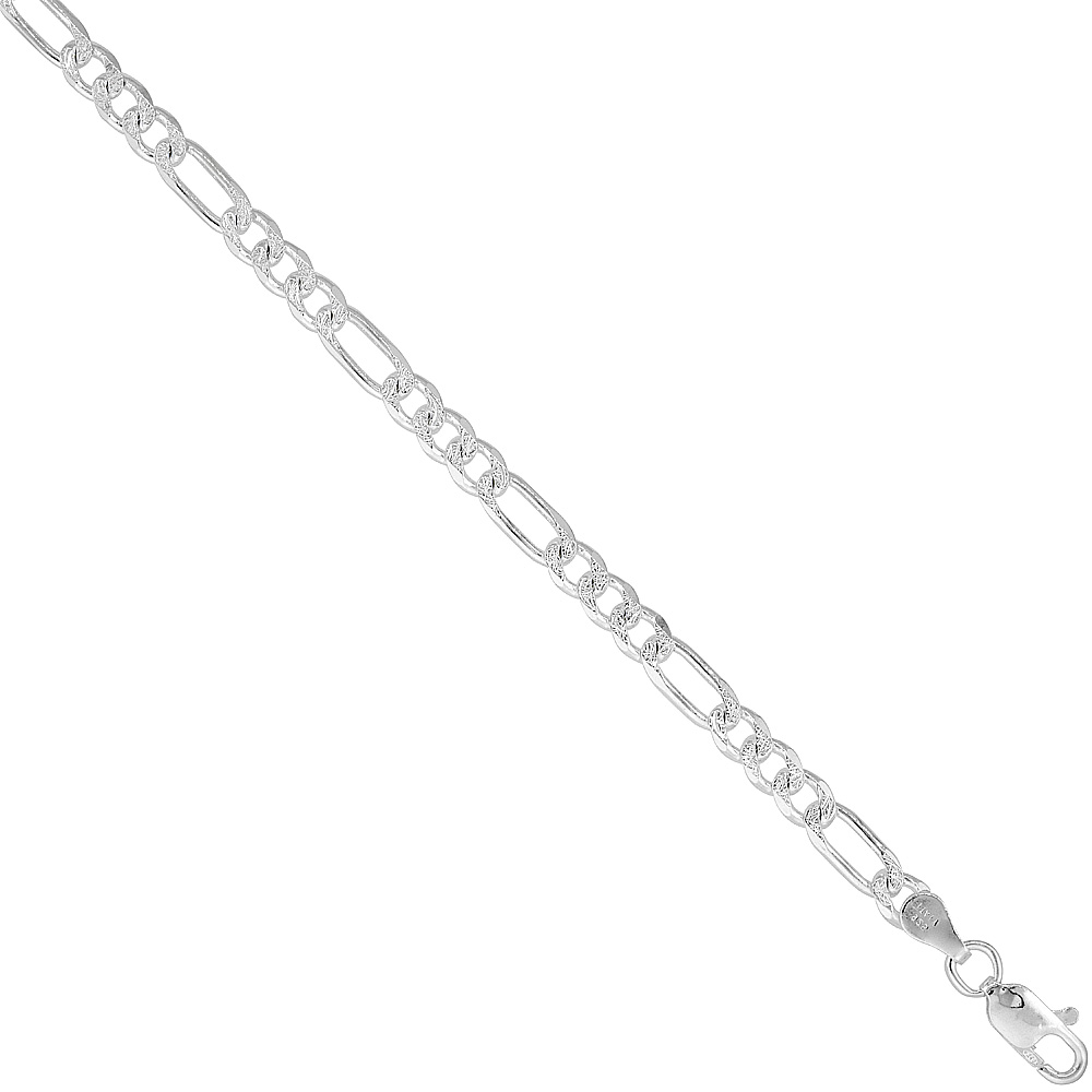Sterling Silver Figaro Link Chain Necklace 4.5mm Pave Cut Beveled Nickel Free Italy, 7-30 inch