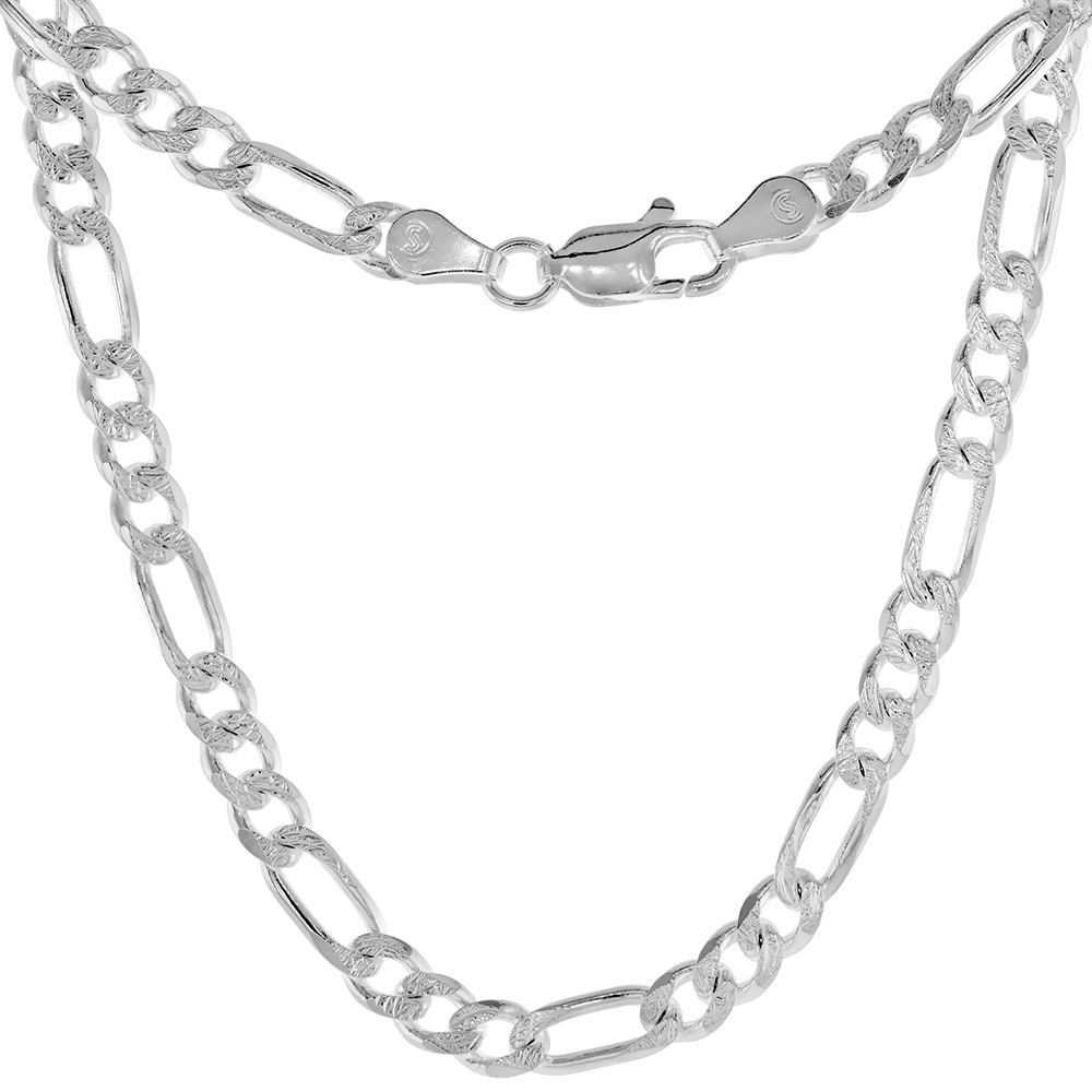 STERLING SILVER FIGARO LINK CHAIN NECKLACE 4.5MM PAVE CUT BEVELED NICKEL FREE ITALY, 7-30 INCH