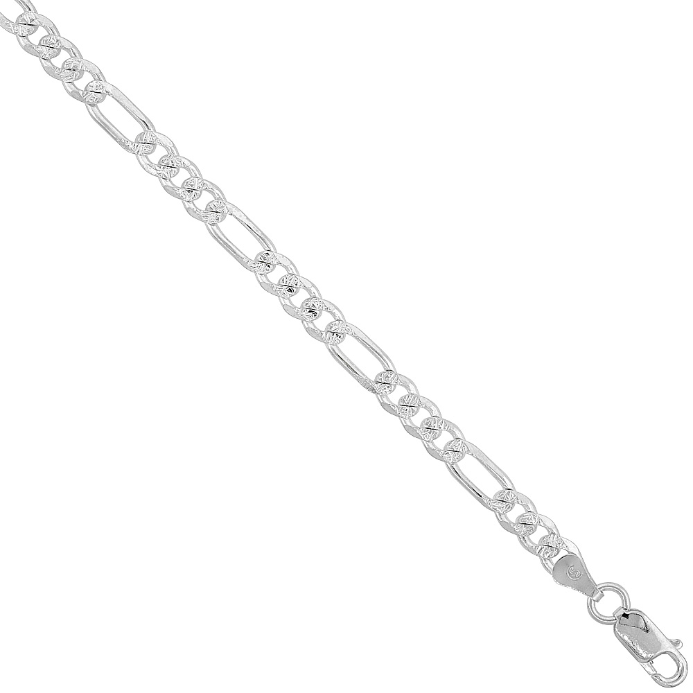 Sterling Silver Figaro Link Chain Necklace 5.5mm Pave Cut Beveled Nickel Free Italy, 7-30 inch