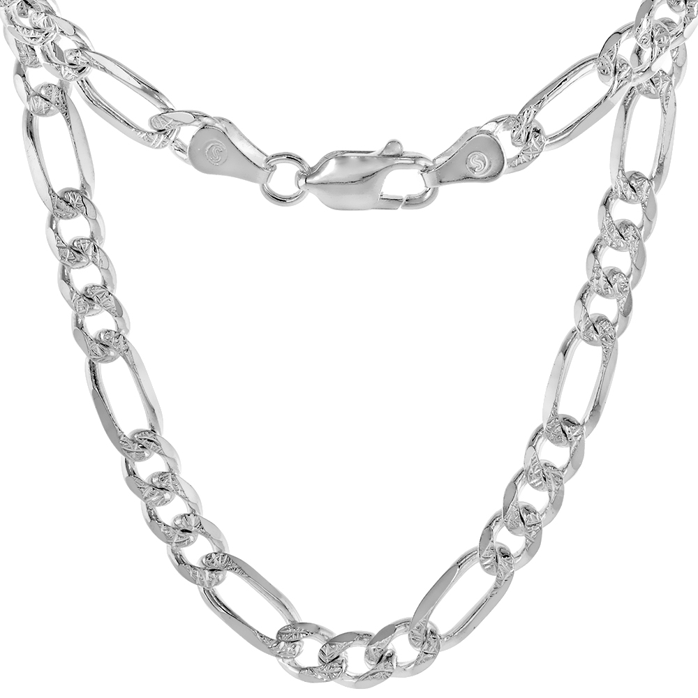 STERLING SILVER FIGARO LINK CHAIN NECKLACE 5.5MM PAVE CUT BEVELED NICKEL FREE ITALY, 7-30 INCH