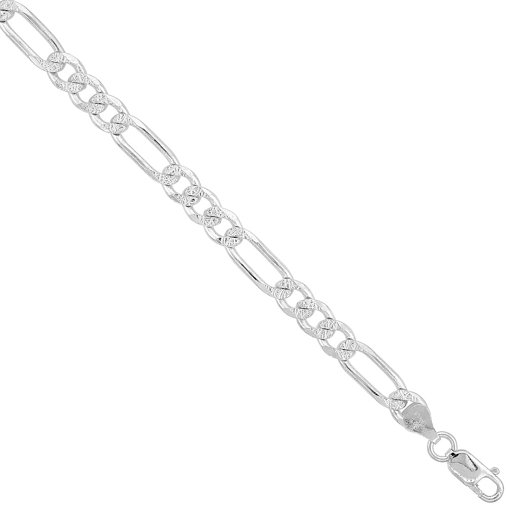 Sterling Silver Figaro Link Chain Necklace 6.6mm Pave Cut Beveled Nickel Free Italy, 7-30 inch