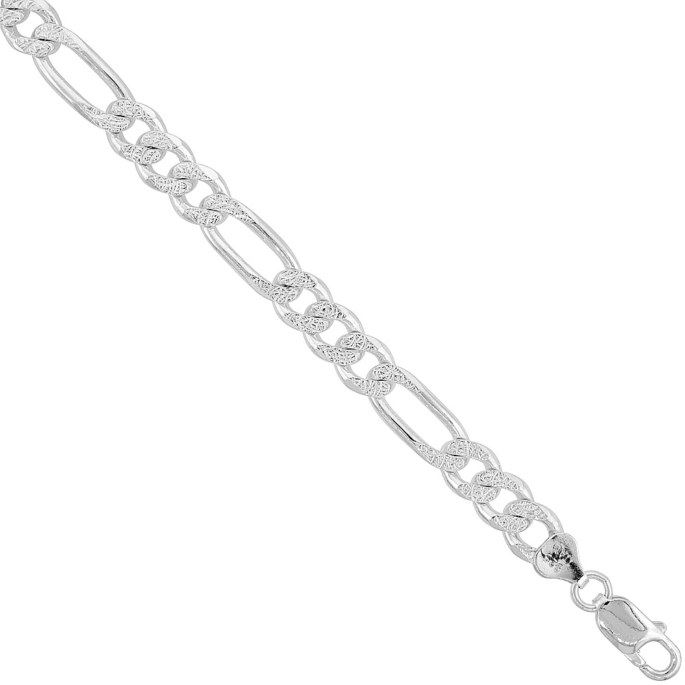 Sterling Silver Figaro Link Chain Necklaces & Bracelets 8mm Pave diamond cut Nickel Free Italy, 7-30 inch