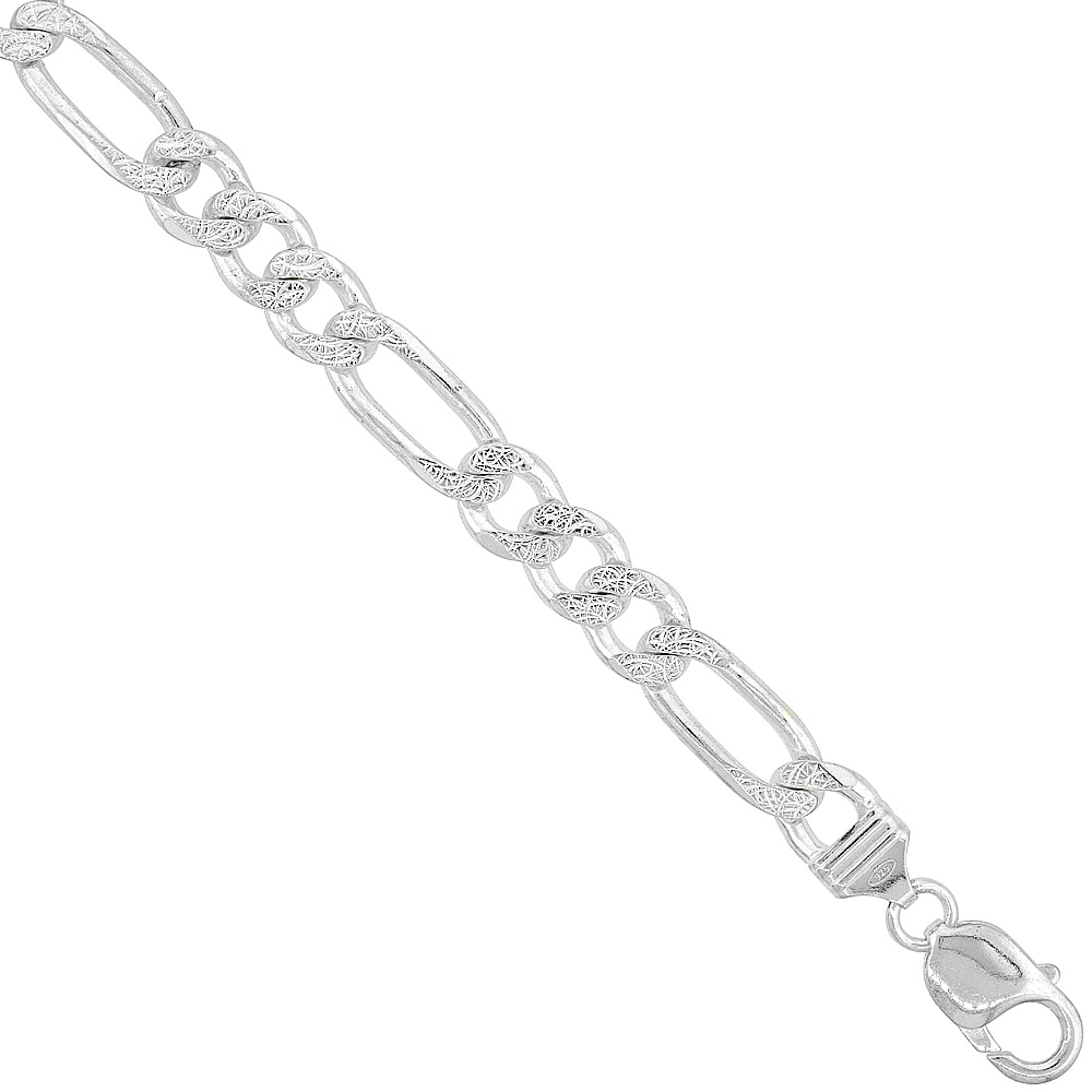 Sterling Silver Thick Figaro Link Chain Necklace 9mm Pave Cut Beveled Nickel Free Italy, 7-30 inch