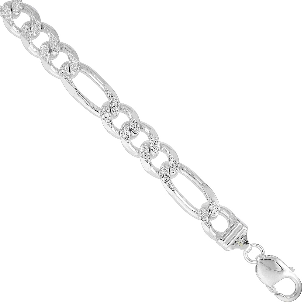 Sterling Silver Thick Figaro Link Chain Necklace 10.7mm Pave Cut Beveled Nickel Free Italy, 8-30 inch