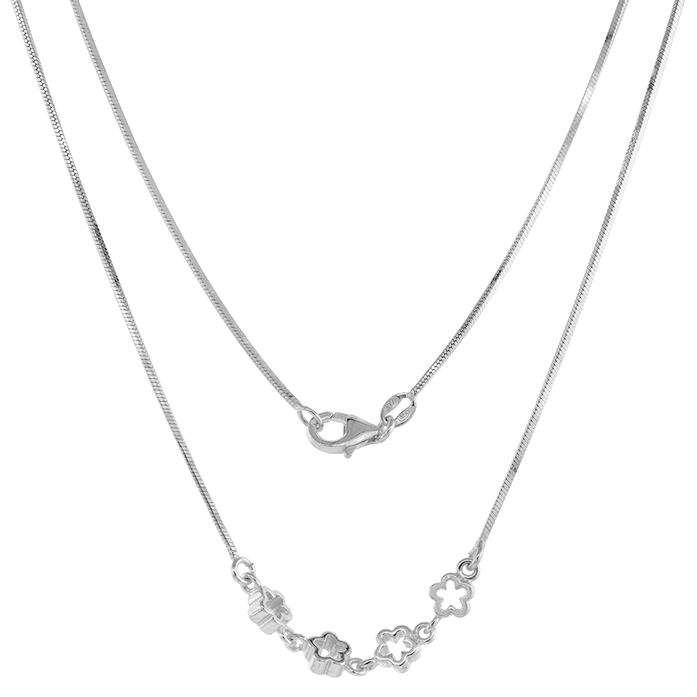 Sterling Silver Flower Necklace Bracelet Set for Women 4 cut-out Flowers Snake Chain 7-16 inch