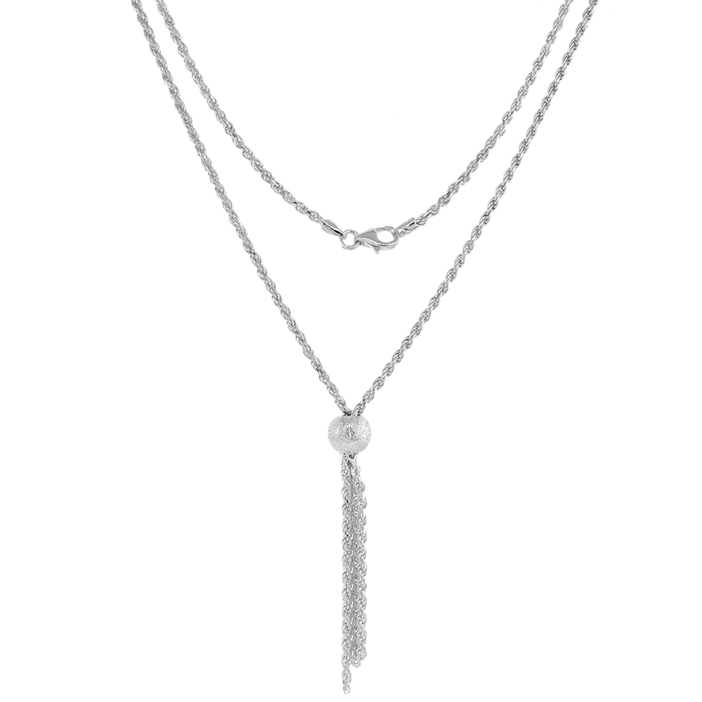 Sterling Silver 2mm Rope Tassel Necklace for Women 30 inch