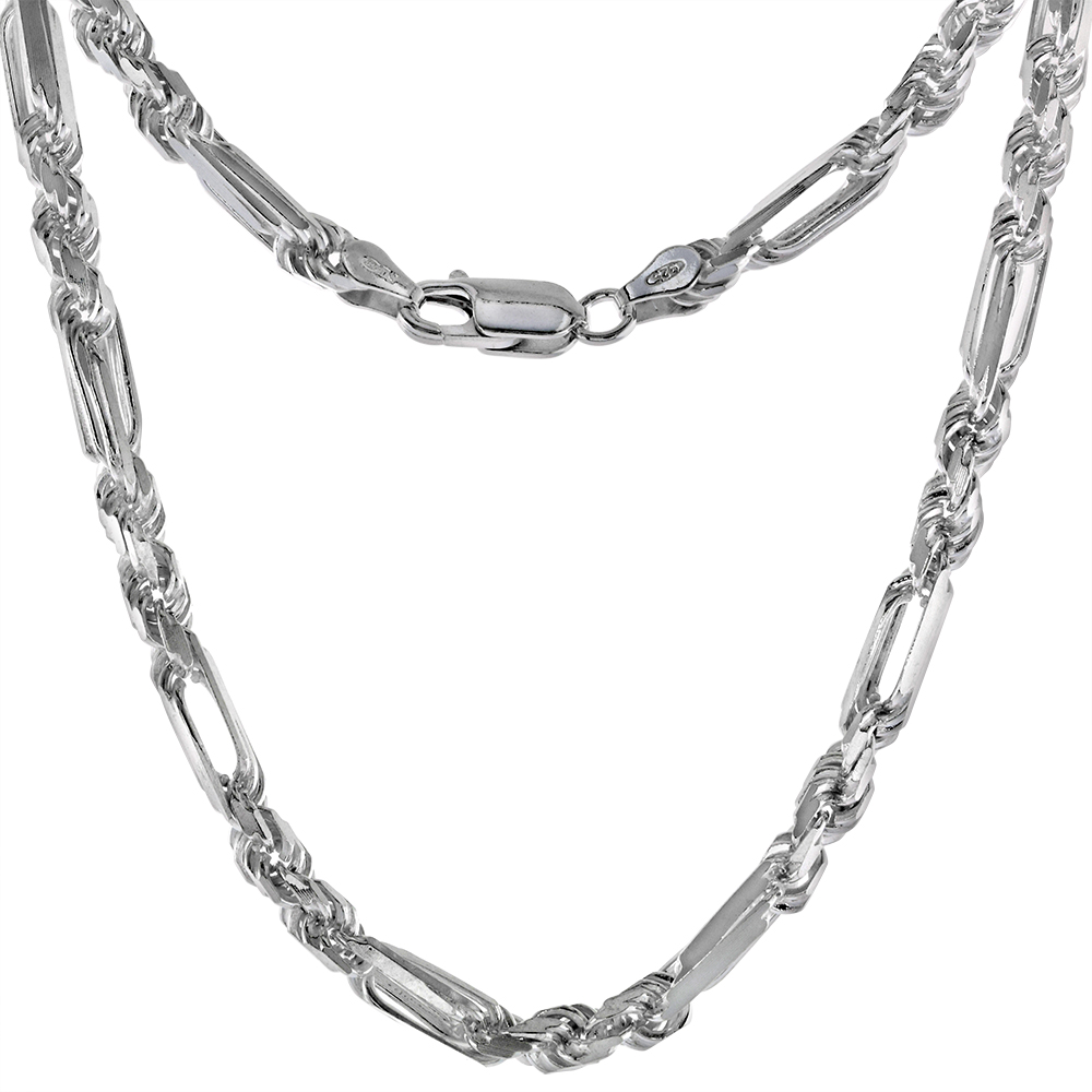 4.5MM STERLING SILVER MILANO ROPE FIGAROPE CHAIN NECKLACES AND BRACELETS FOR MEN DIAMOND-CUT HANDMADE NICKEL FREE ITALY 8 - 30 INCH