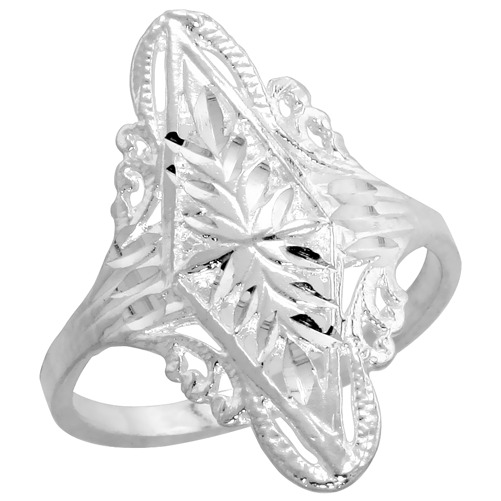 Sterling Silver Diamond-shaped Filigree Ring for Women 1 inch Long