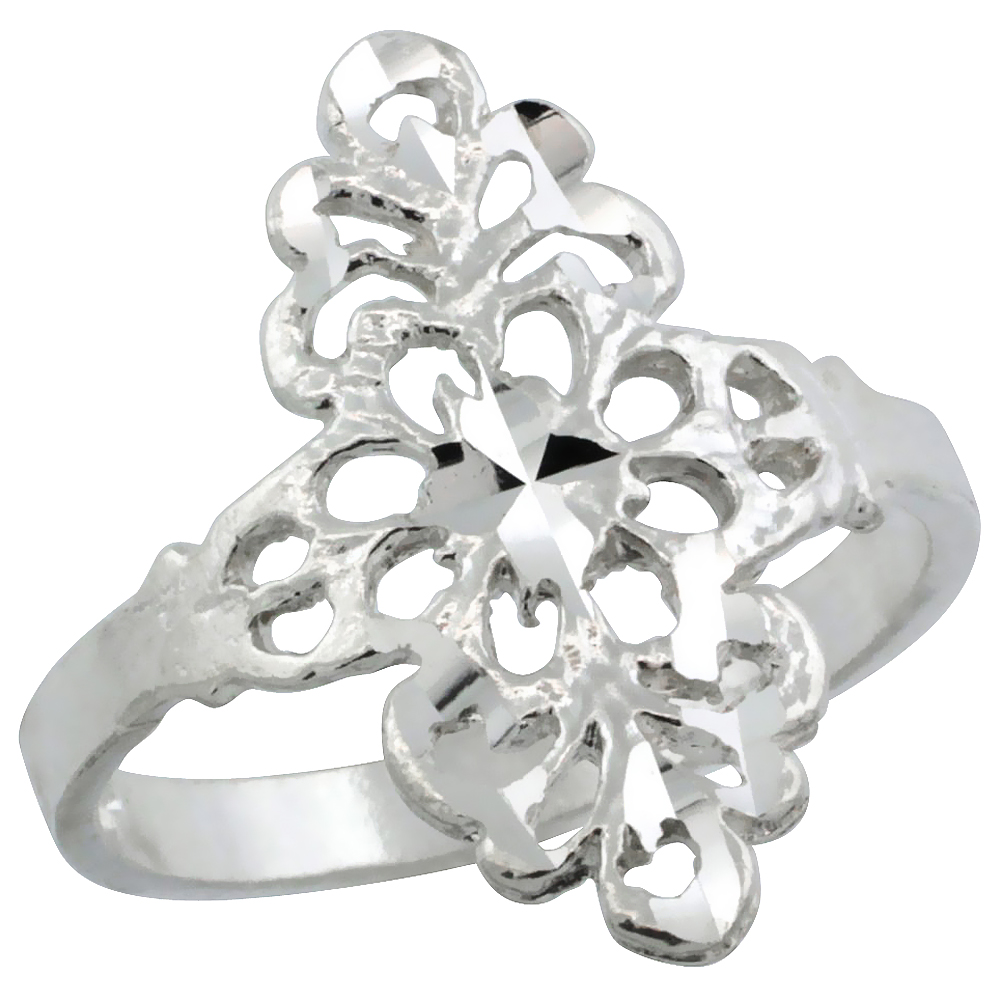 Sterling Silver Floral Filigree Ring for Women 3/4 inch Long