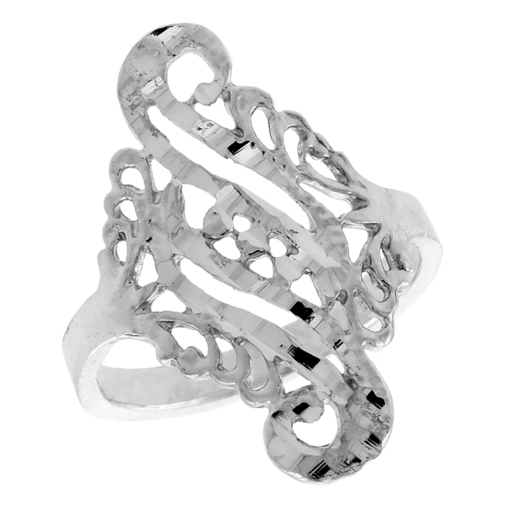 Sterling Silver Double Swirl Filigree Ring for Women 3/4 inch Long