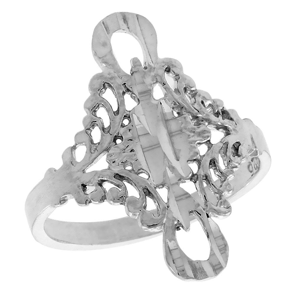 Sterling Silver Floral Filigree Ring with Loops for Women 3/4 inch Long