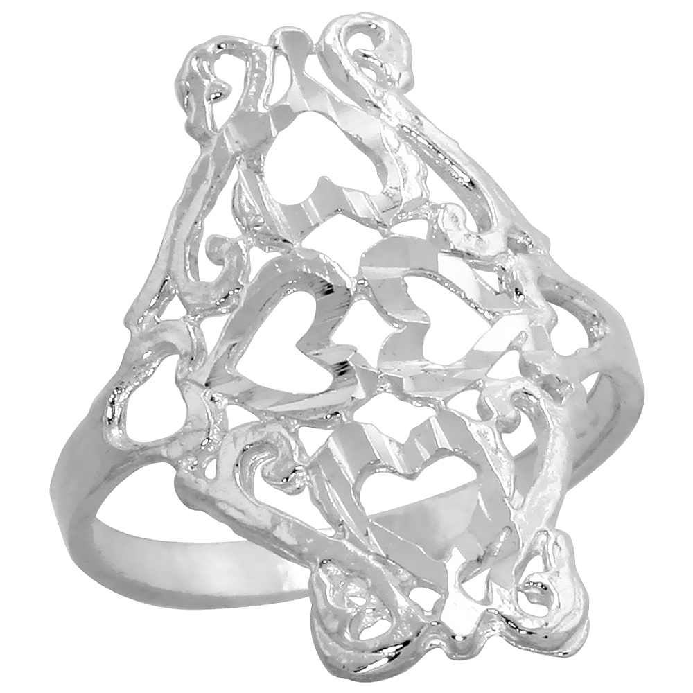 Sterling Silver Heart Cut-outs Filigree Ring for Women 3/4 inch Long