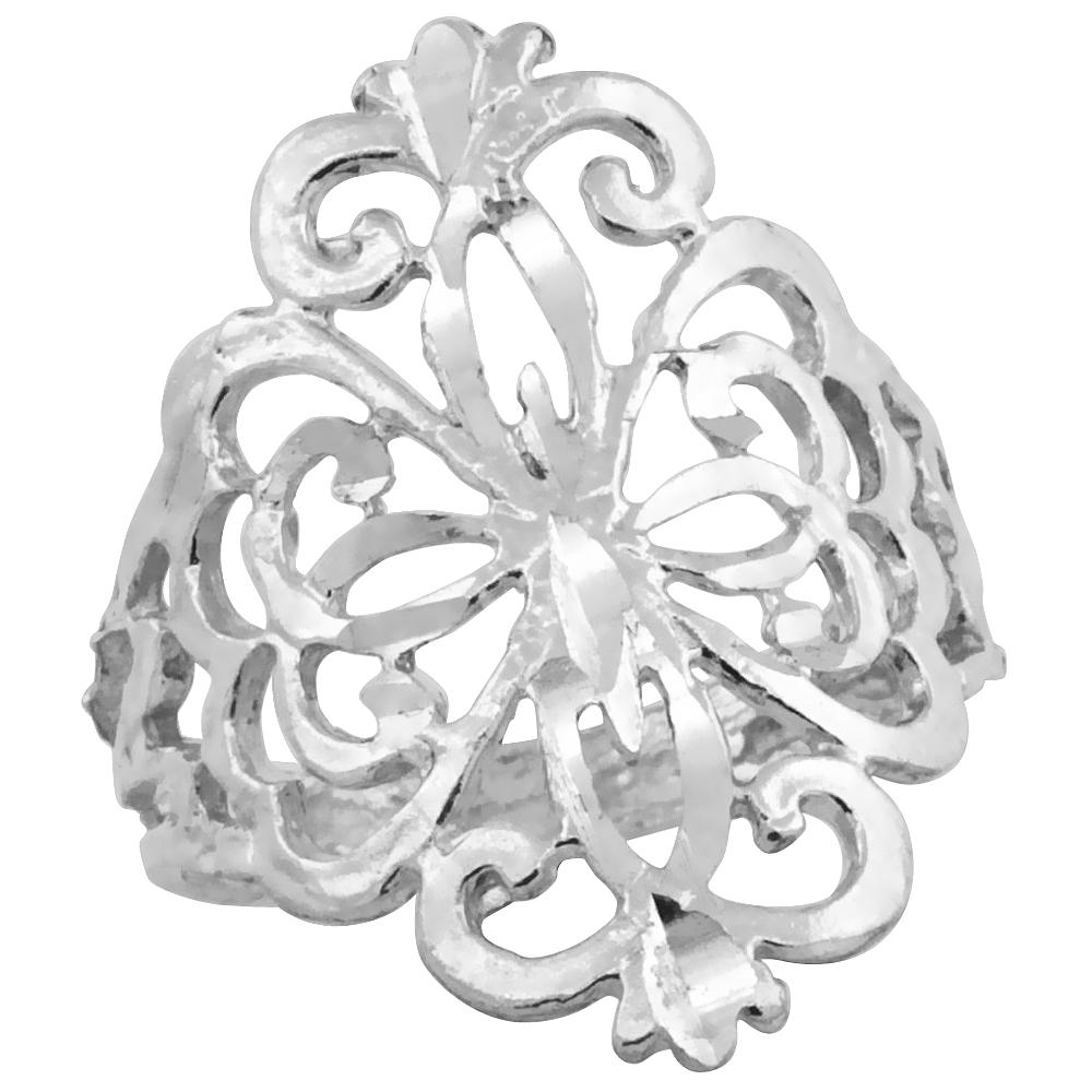 Sterling Silver Floral Pattern Filigree Ring for Women 3/4 inch Long