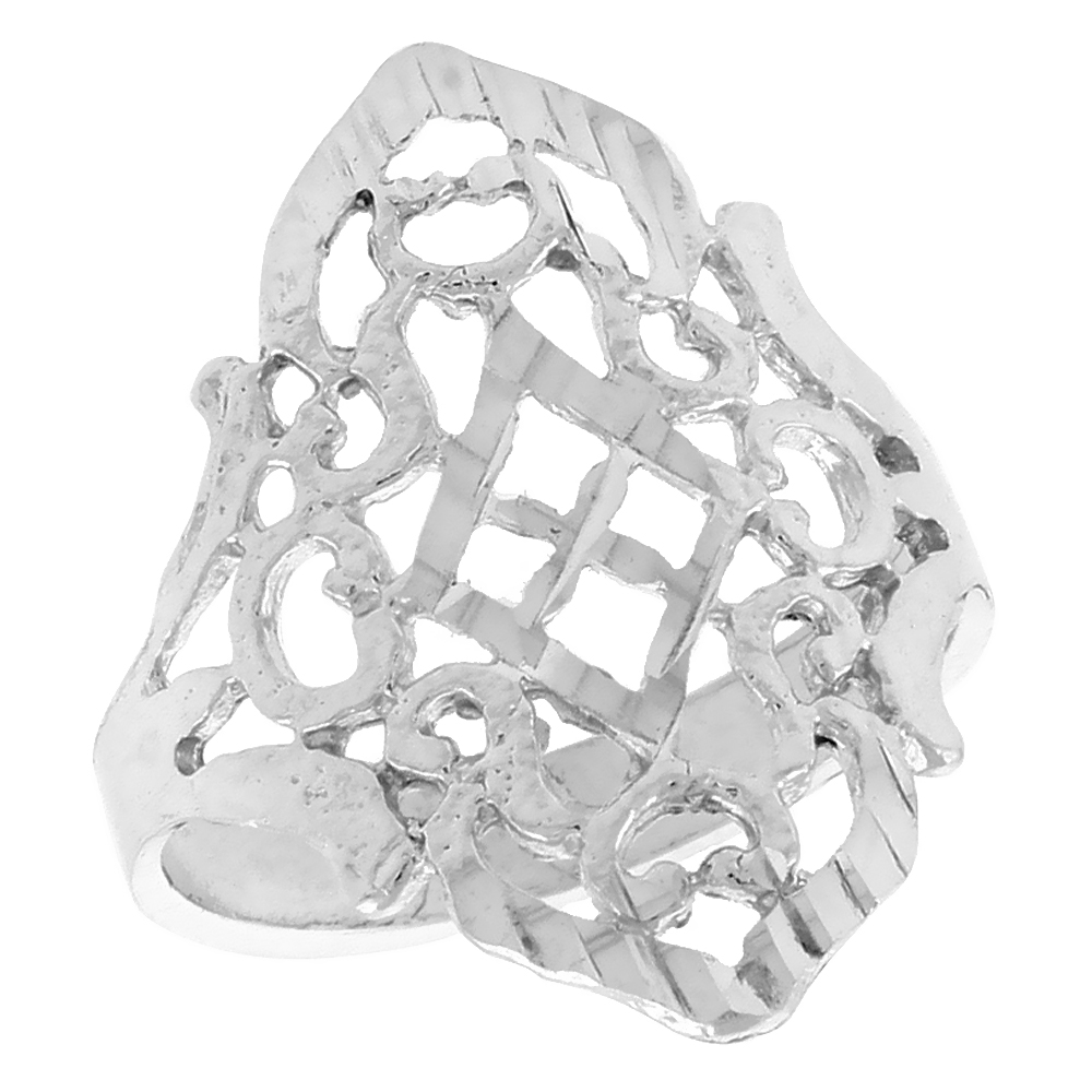 Sterling Silver Diamond-shaped Filigree Ring for Women 3/4 inch Long