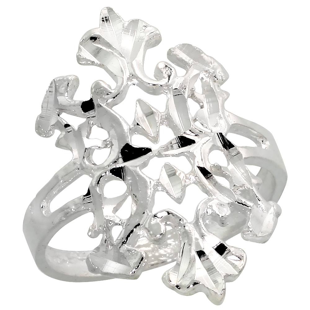 Sterling Silver Fleur de Lis Filigree Ring for Women 7/8 inch Long