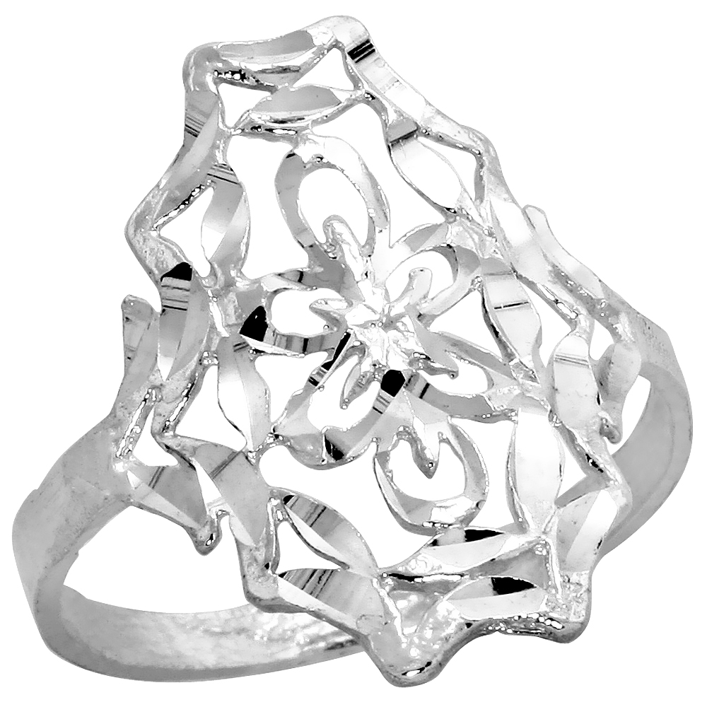 Sterling Silver Floral Filigree Ring for Women 3/4 inch Long