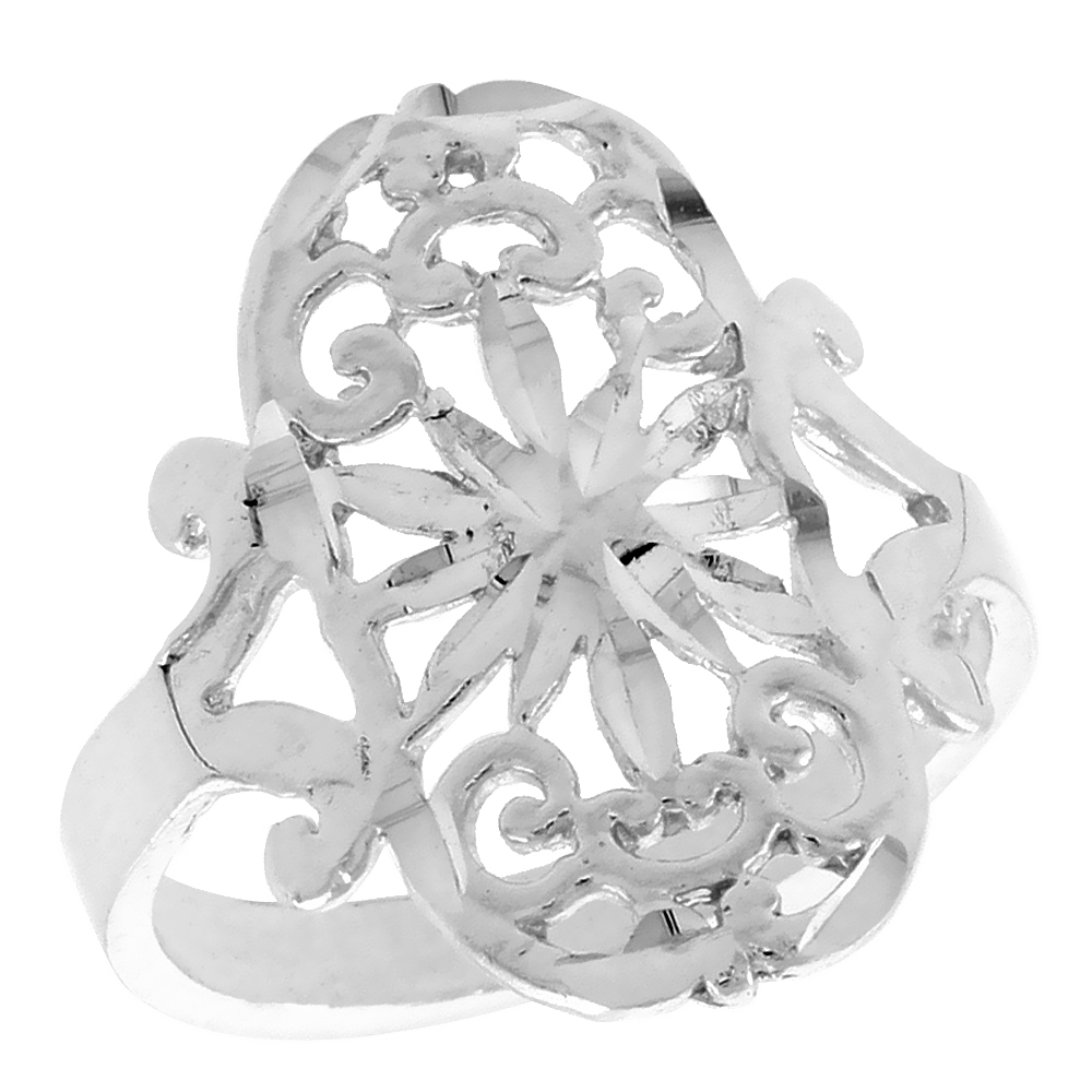 Sterling Silver Floral Pattern Filigree Ring for Women 3/4 inch Long