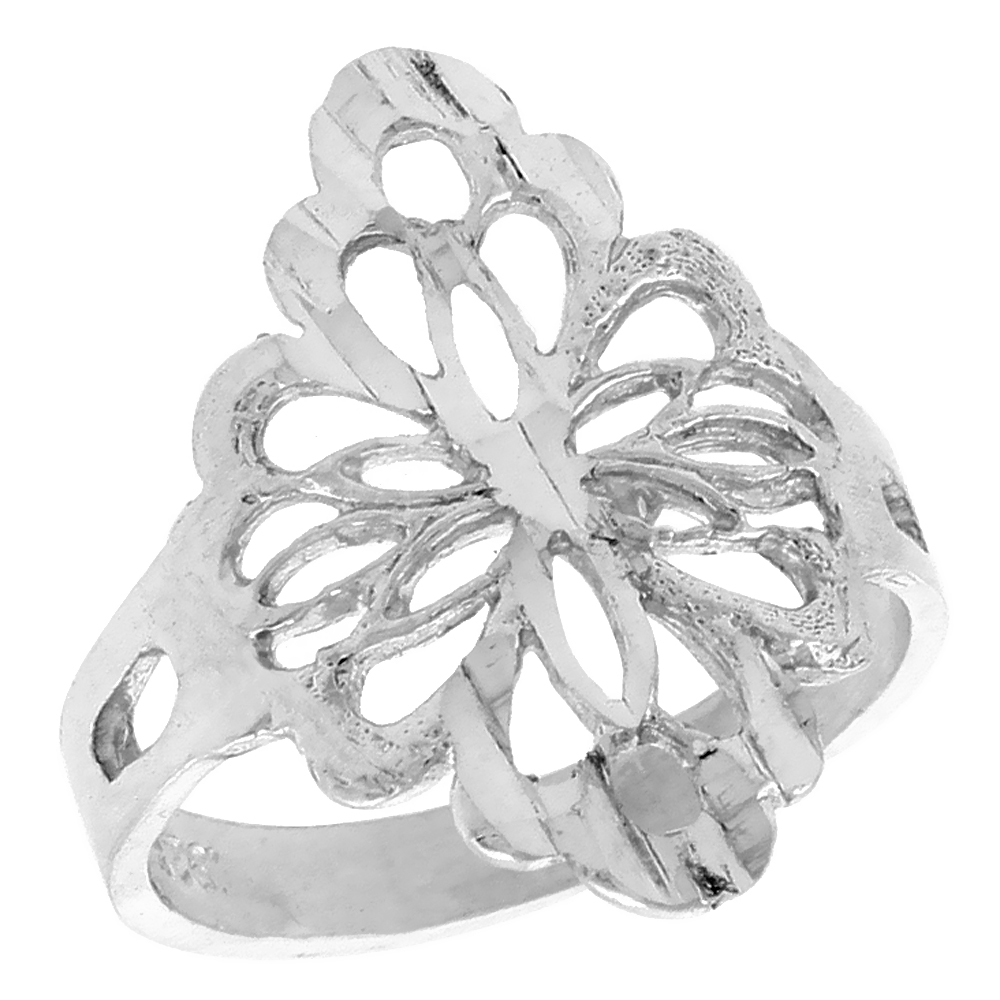 Sterling Silver Diamond-shaped Floral Filigree Ring for Women 3/4 inch Long