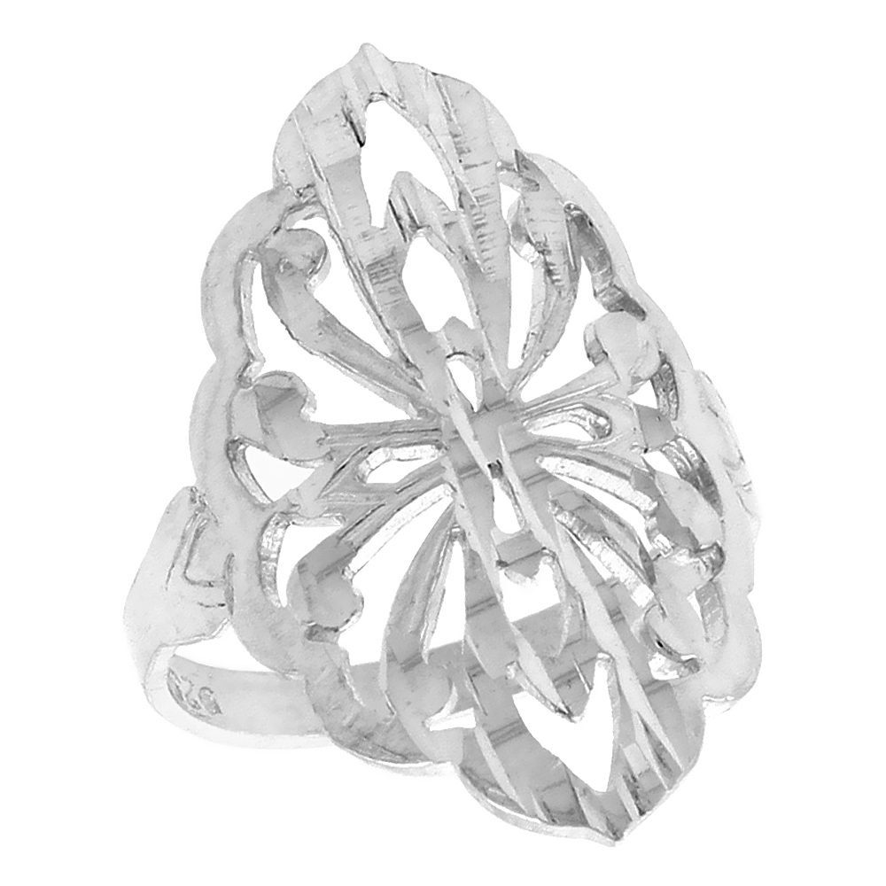 Sterling Silver Diamond-shaped Floral Filigree Ring for Women 7/8 inch Long