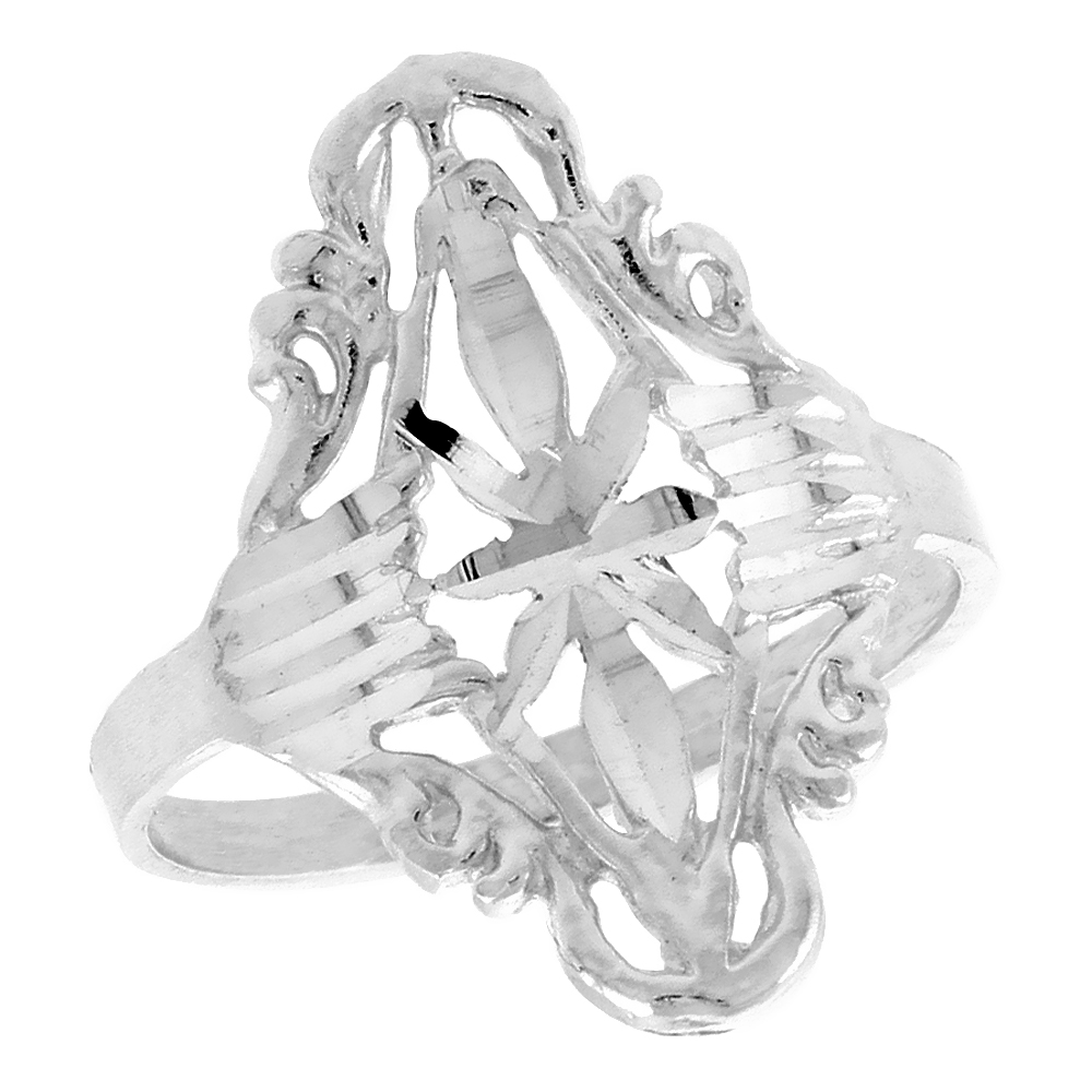 Sterling Silver Diamond-shaped Floral Filigree Ring for Women 7/8 inch Long