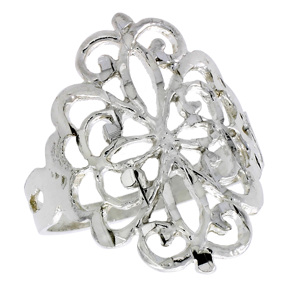 Sterling Silver Floral Pattern Filigree Ring for Women 3/4 inch Long