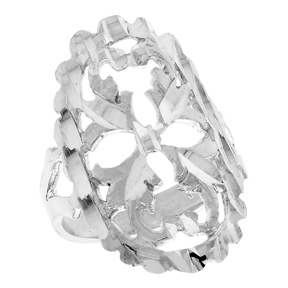 Sterling Silver Oval-shaped Leaf Design Filigree Ring for Women 1 inch Long