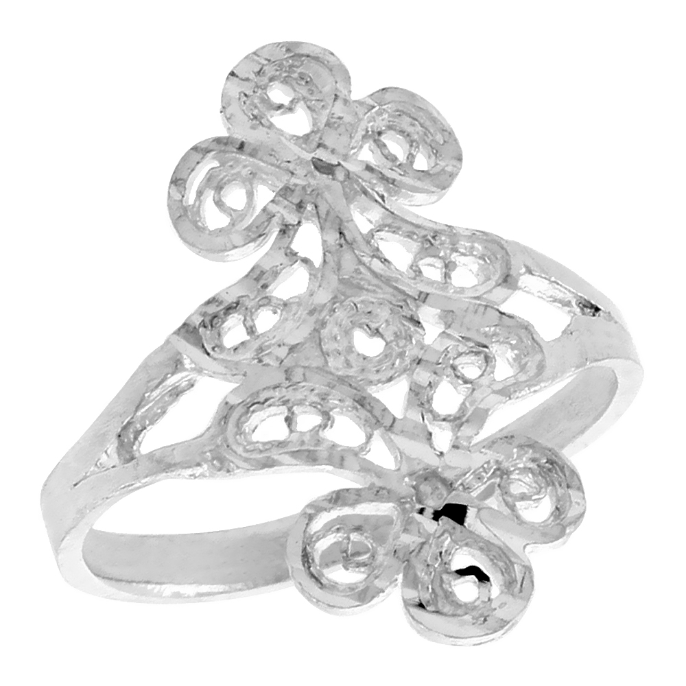 Sterling Silver Floral Filigree Ring for Women 3/4 inch Long