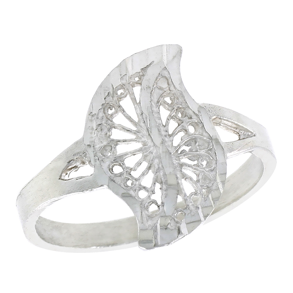 Sterling Silver Leaf-like Swirl Filigree Ring for Women 5/8 inch Long