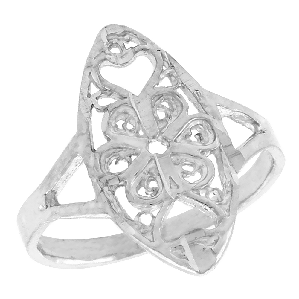 Sterling Silver Navette-shaped Floral Filigree Ring for Women Heart Cut-outs 3/4 inch Long
