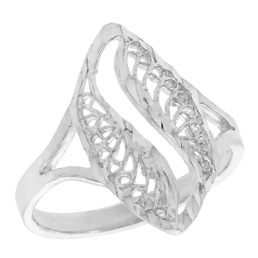 Sterling Silver Navette-shaped Filigree Ring for Women Swirl Cut-out 3/4 inch Long
