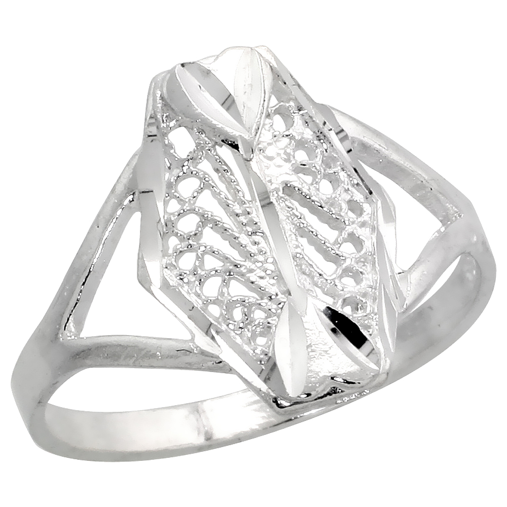 Sterling Silver Hexagon-shaped Filigree Ring Teeny Hearts for Women 1/2 inch Long