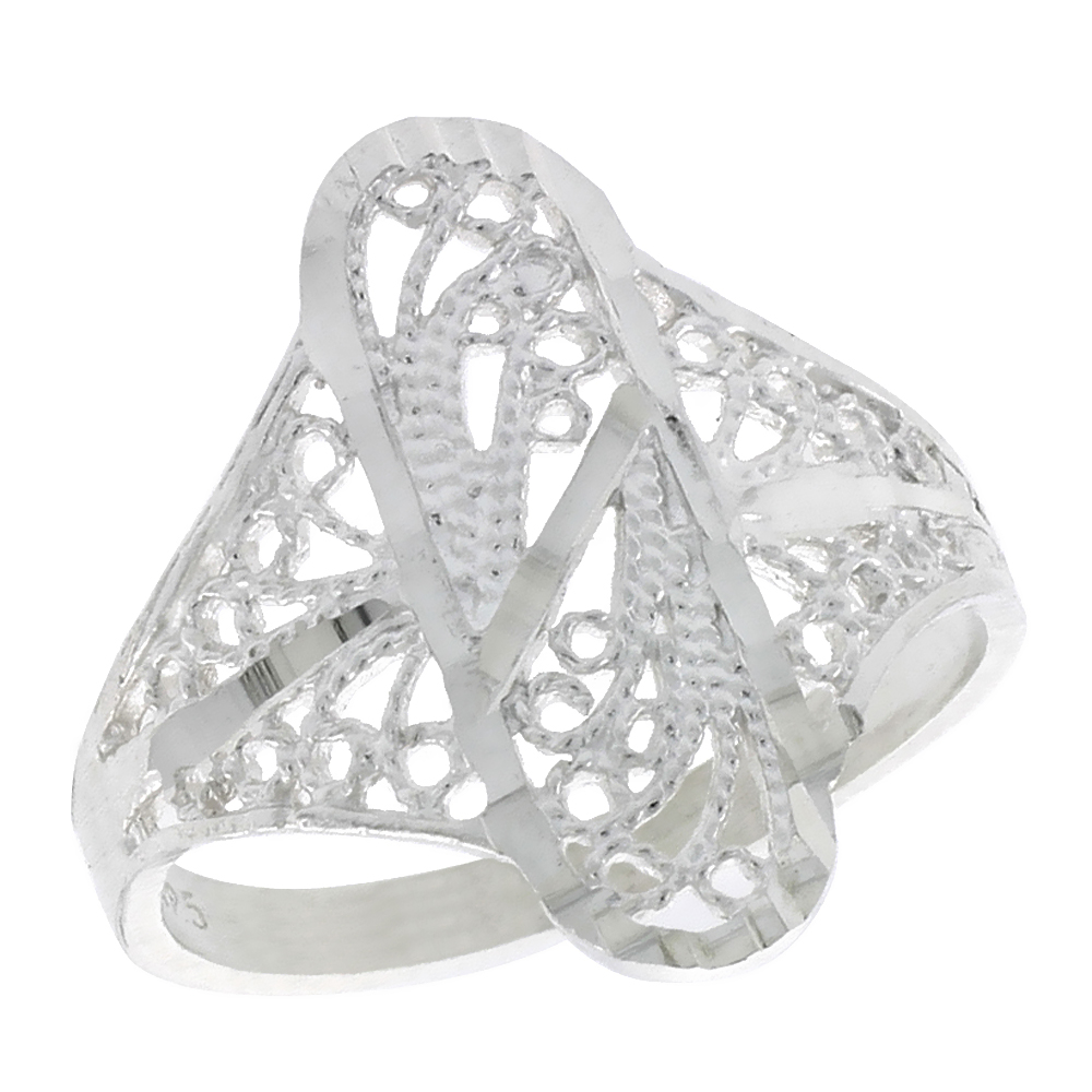 Sterling Silver Oval Filigree Ring for Women 3/4 inch Long