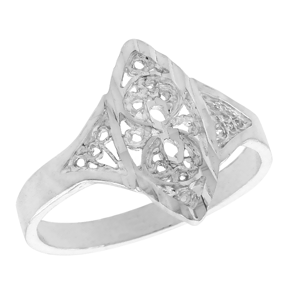 Sterling Silver Navette-shaped Filigree Ring for Women 1/2 inch Long
